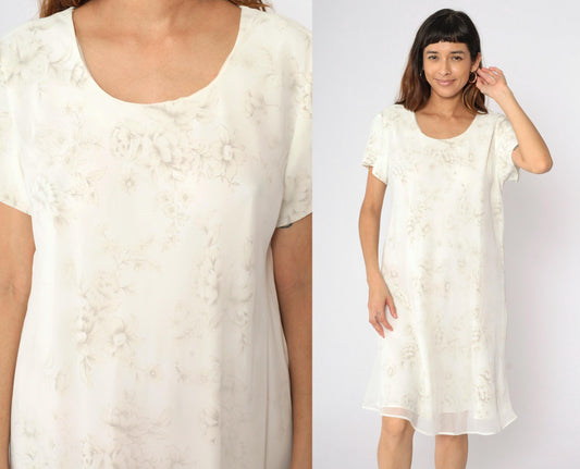 90s Jessica Howard Floral Mini Dress Cream Chiffon Shift Short Sleeve Large