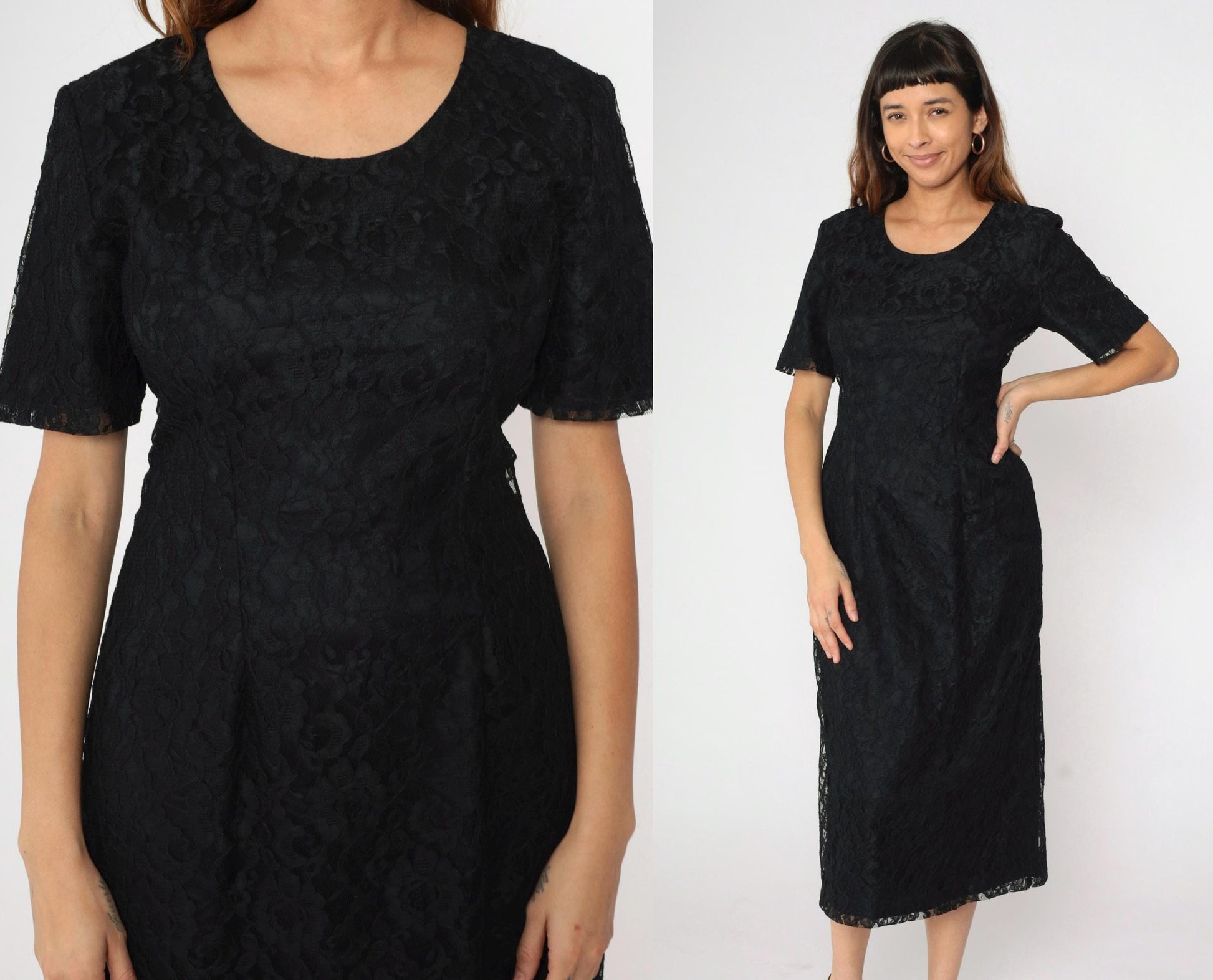 90s Black Lace Midi Dress Sheath Corset Lace-Up Back Short Sleeve Medium