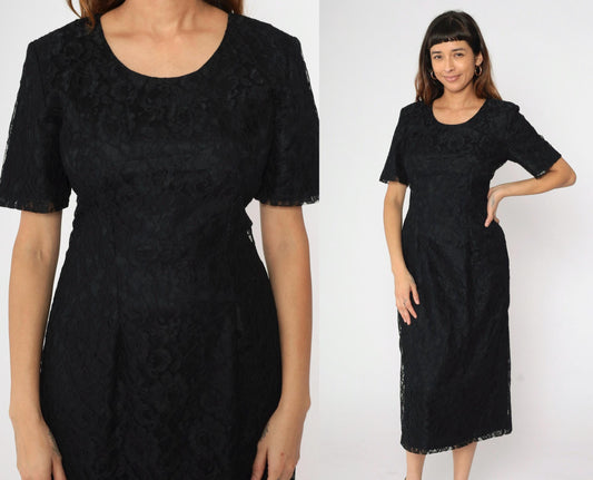90s Black Lace Midi Dress Sheath Corset Lace-Up Back Short Sleeve Medium