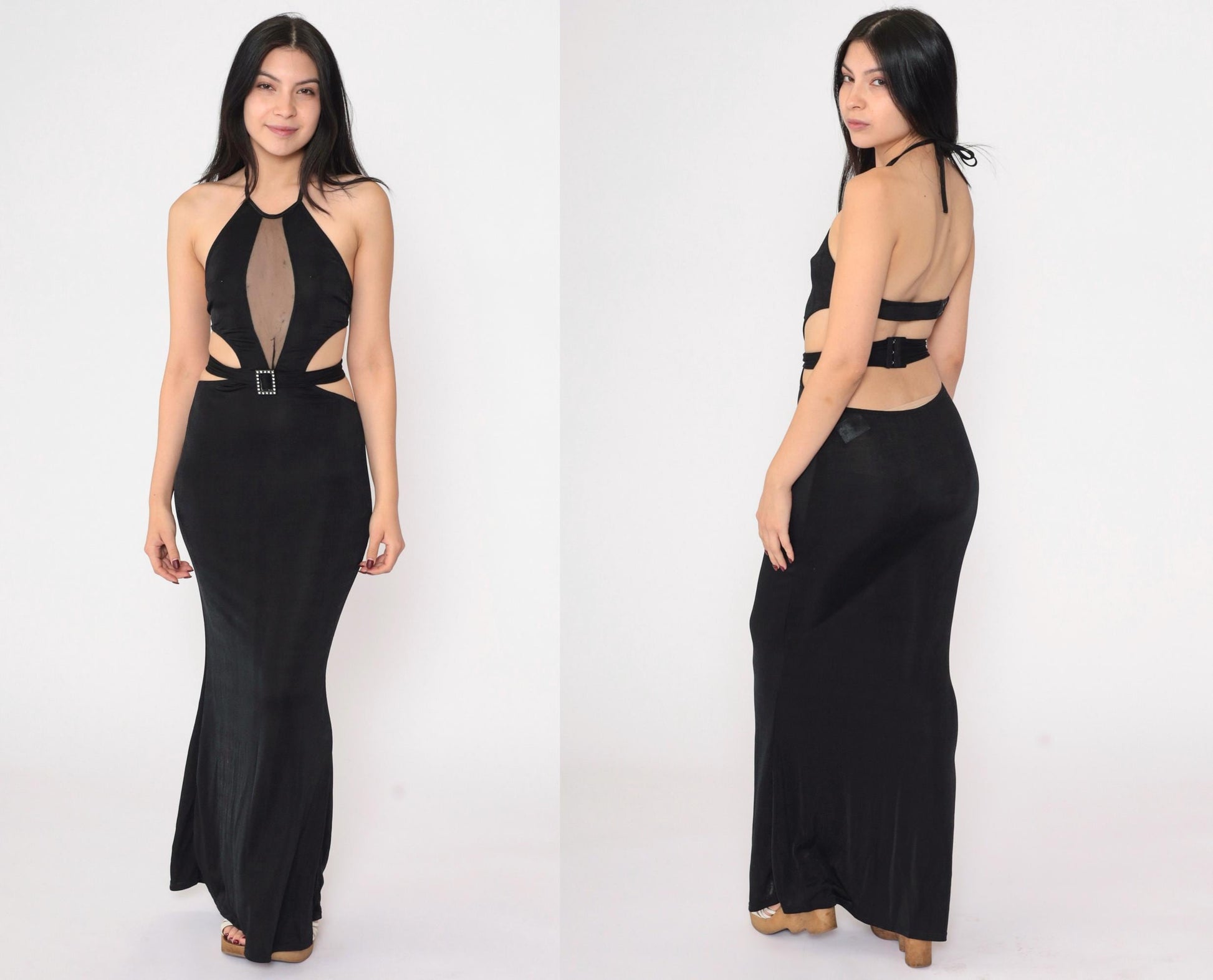 90s Black Halter Maxi Dress Mesh Cutout Open Back Evening Small