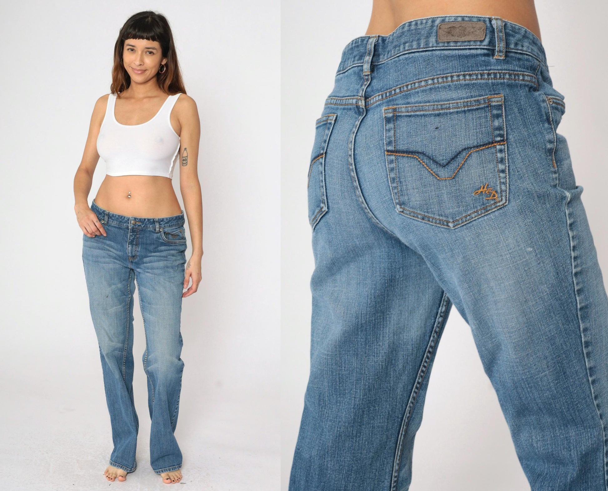 Harley Davidson Y2K Medium Wash Flared Jeans Mid Rise Bootcut Long 14