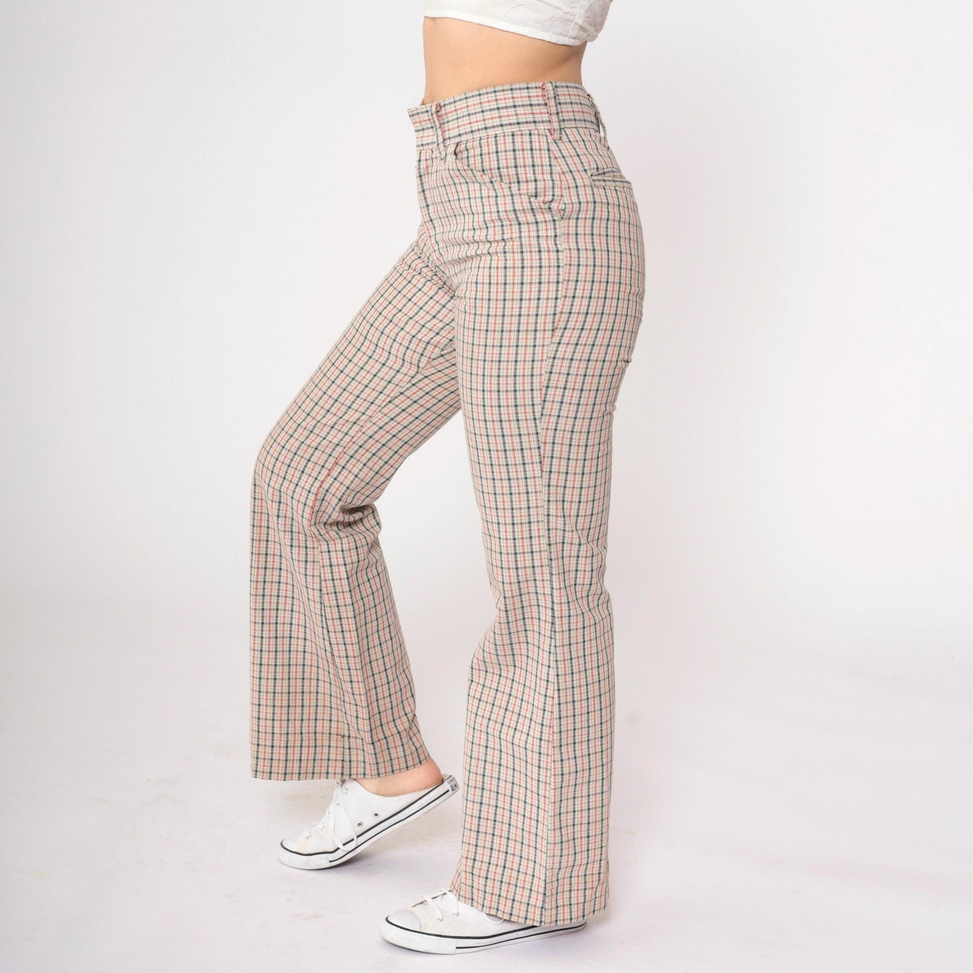 70s Plaid High-Waisted Flared Trousers Beige Red Navy Checkered Small