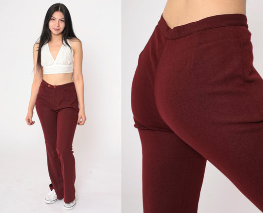 70s Burgundy Bell Bottom Pants High Waist Flared Leg Side Slits Small