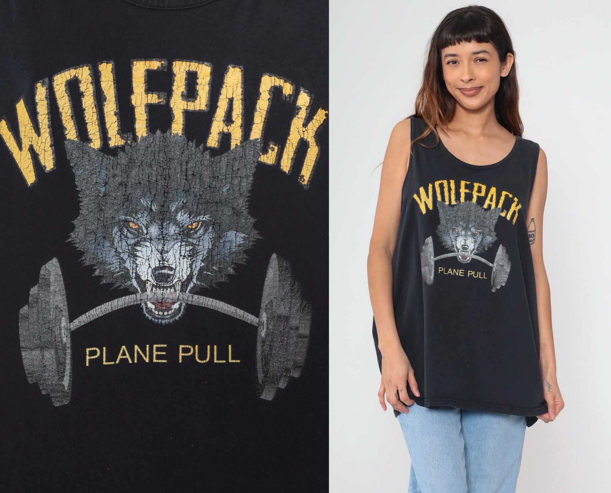 90s Wolfpack Plane Pull Wolf Graphic Tank Top Black Distressed XXL