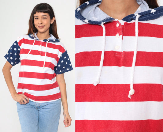 90s American Flag Stars and Stripes Hooded T-Shirt Cotton Youth Extra Large