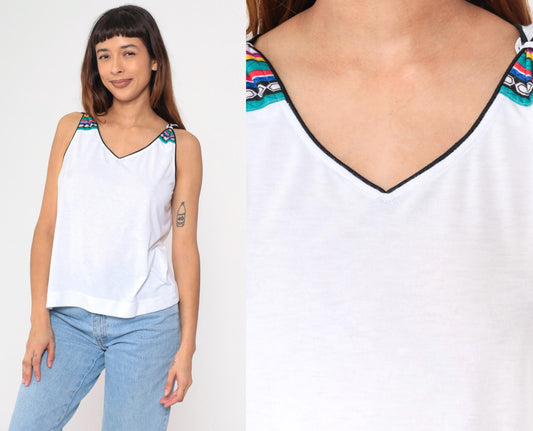 90s Tail Tank Top White Multicolor Striped V-Neck Athletic Medium Large