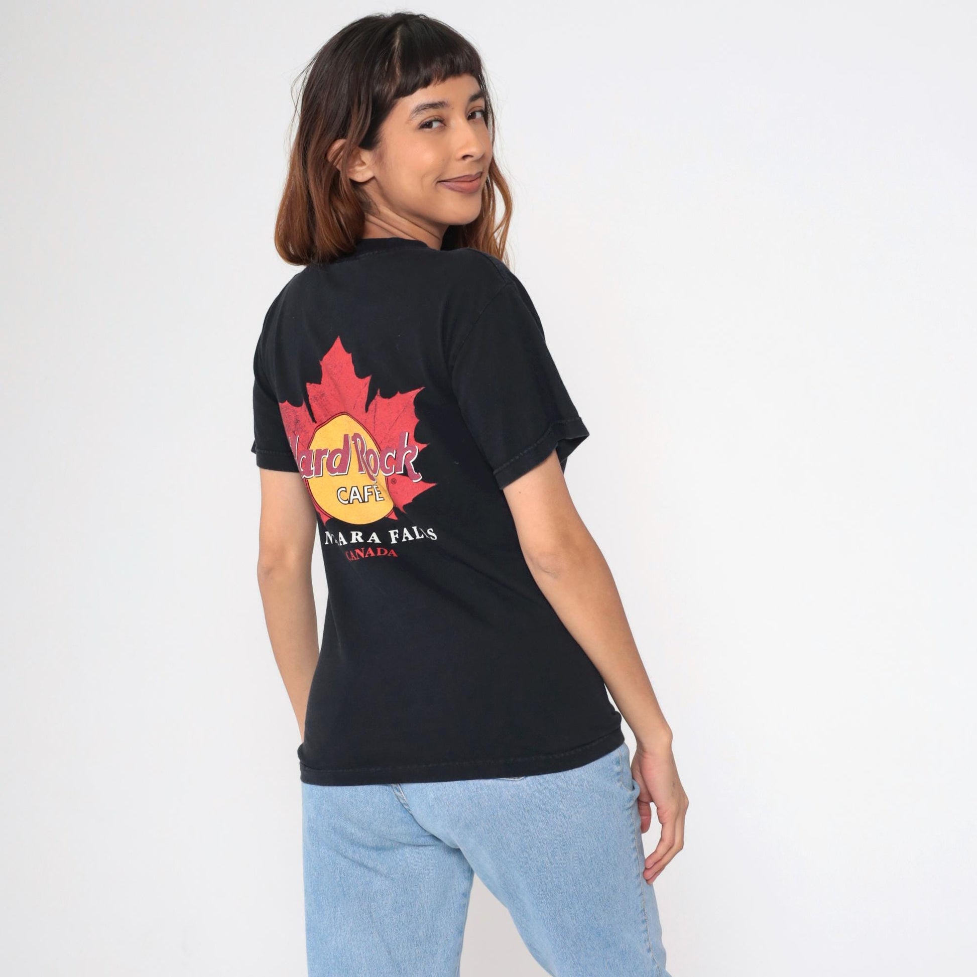 90s Hard Rock Cafe Niagara Falls Maple Leaf Graphic T-Shirt Black Small