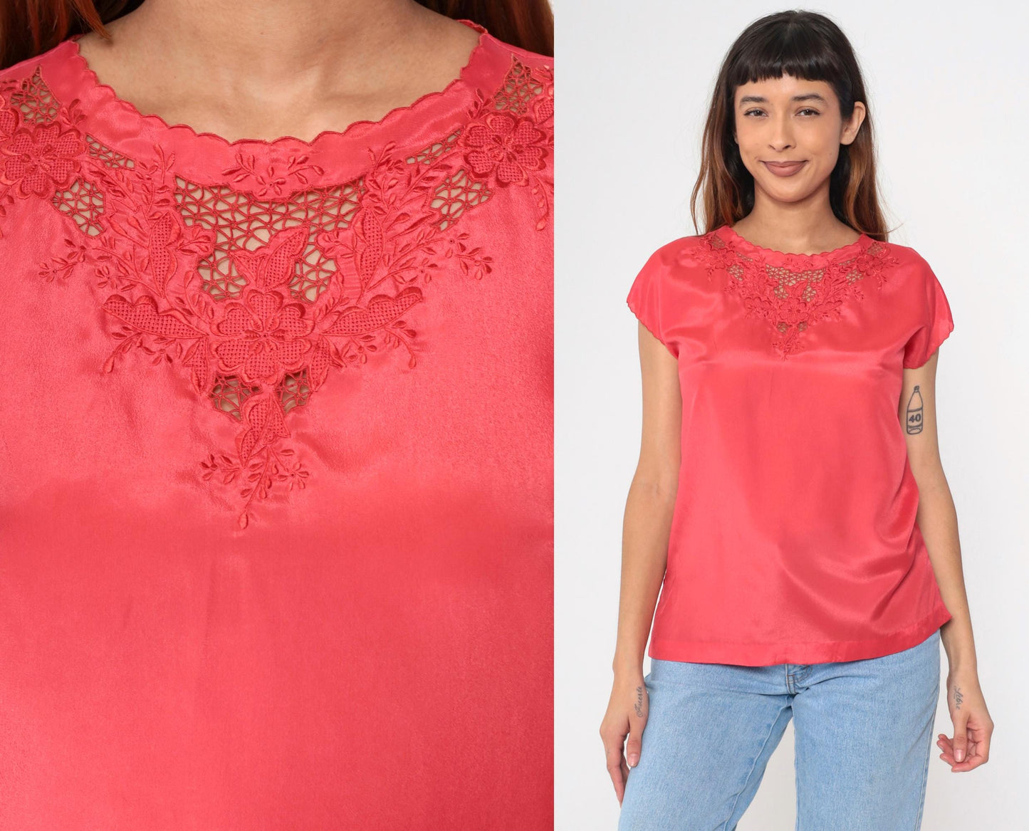 90s Coral Satin Blouse Floral Embroidered Cutwork Short Sleeve Medium