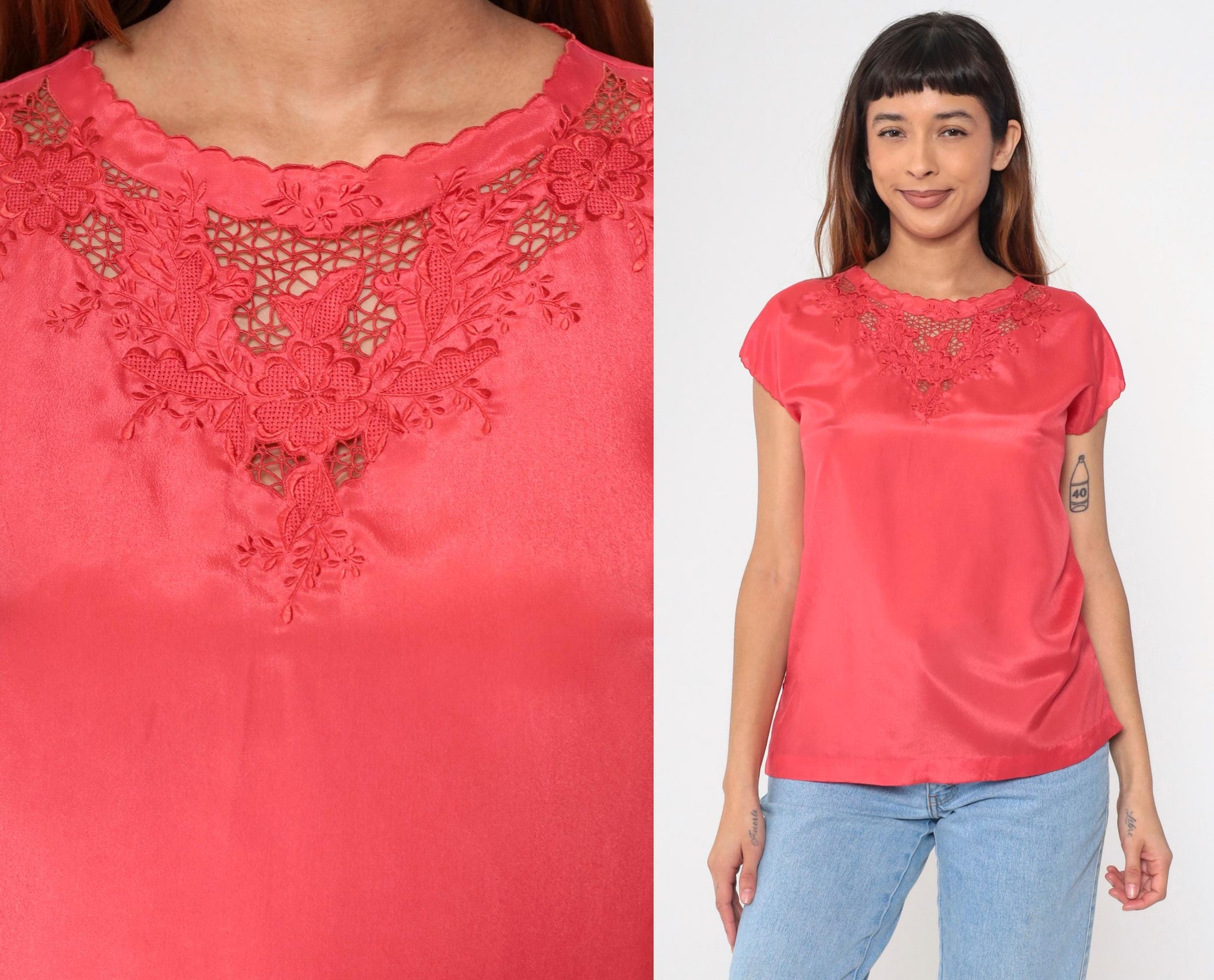 90s Coral Satin Blouse Floral Embroidered Cutwork Short Sleeve Medium