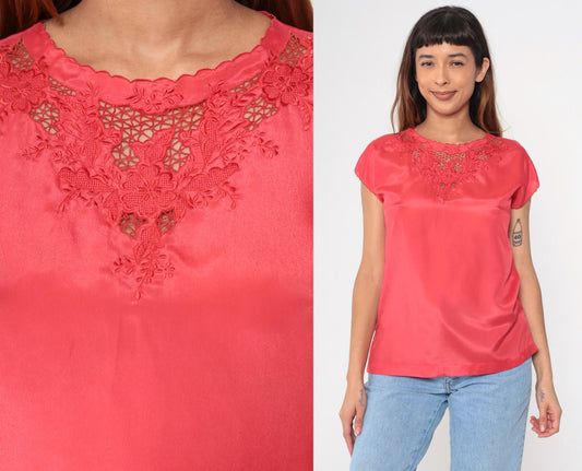 90s Coral Satin Blouse Floral Embroidered Cutwork Short Sleeve Medium