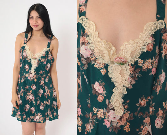 90s Green Floral Satin Slip Dress Pink Rosette Lace Trim Mini V-Neck Medium