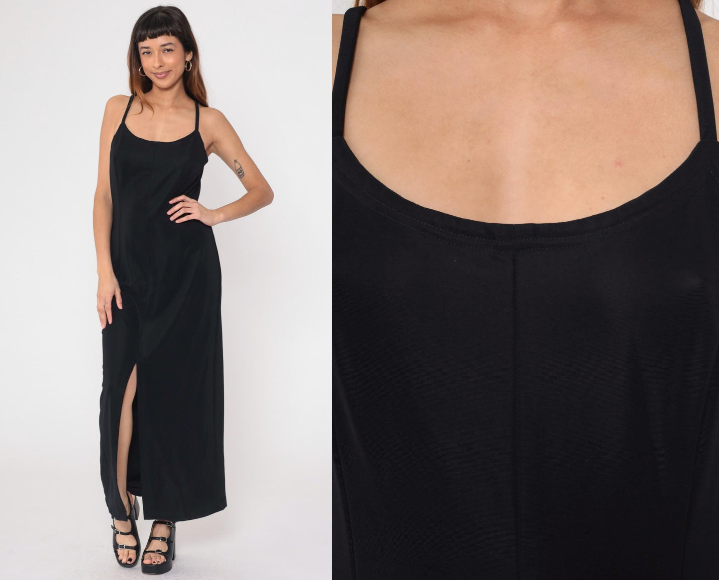 90s Scott McClintock Black Maxi Dress Spaghetti Strap Low Back Slit Medium