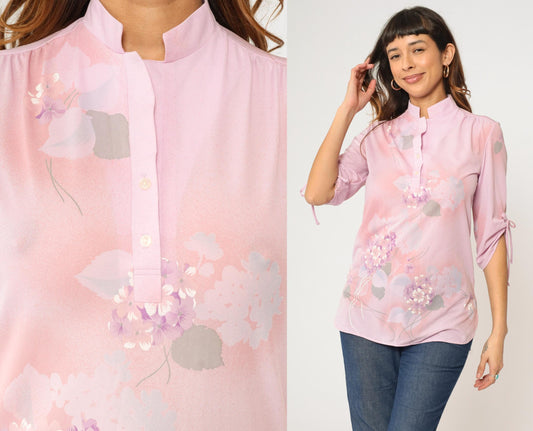 70s Lavender Pink Floral Mandarin Collar Blouse Tunic Small S
