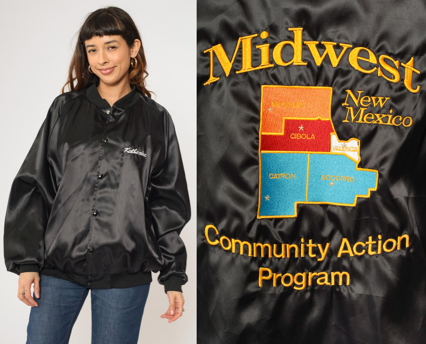 90s Midwest New Mexico Community Action Program Satin Bomber Jacket Black XXL