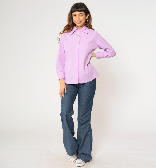 70s Lavender Button Up Blouse Dagger Collar Long Sleeve Shirt Medium