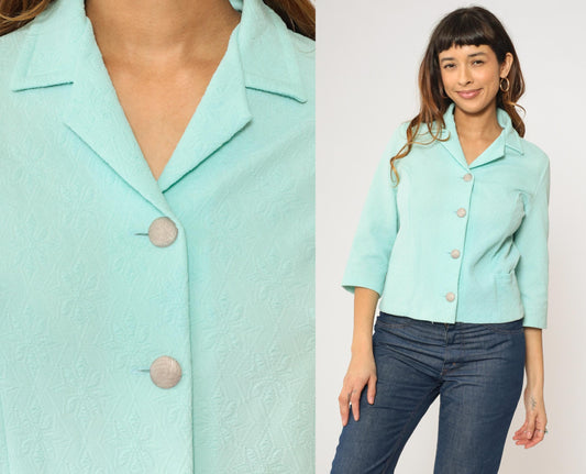 70s Pastel Turquoise Button-Up Blouse Textured Floral Polyester Collar Small