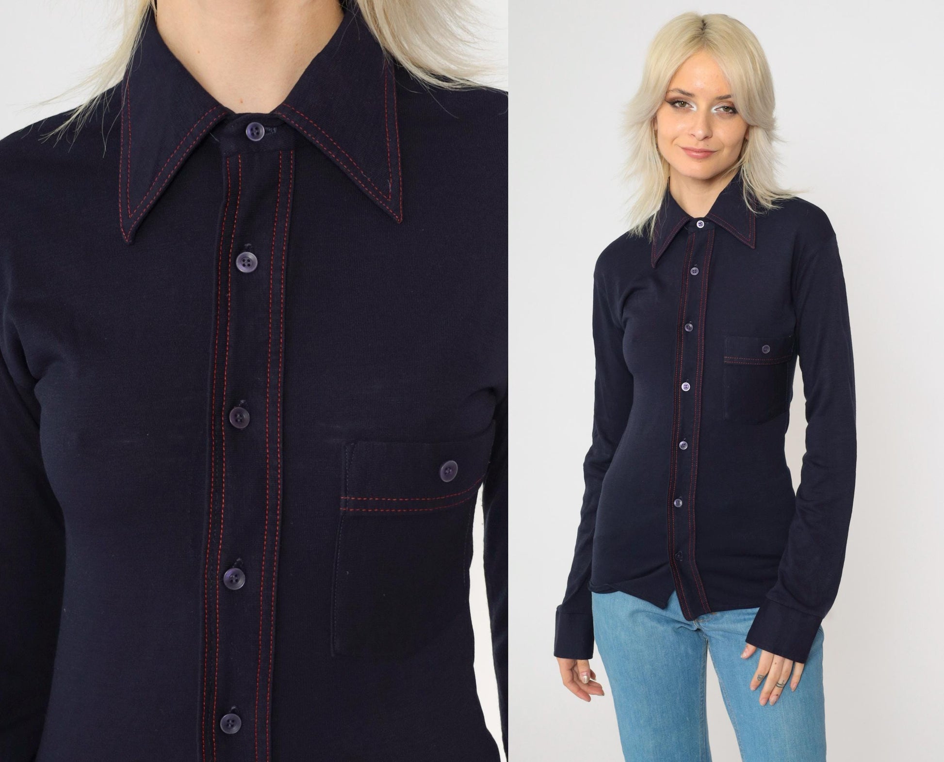 70s Navy Button-Up Shirt Dagger Collar Topstitch Red Accent Extra Small
