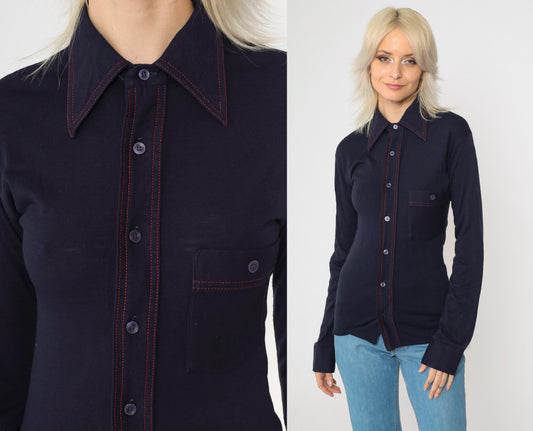 70s Navy Button-Up Shirt Dagger Collar Topstitch Red Accent Extra Small
