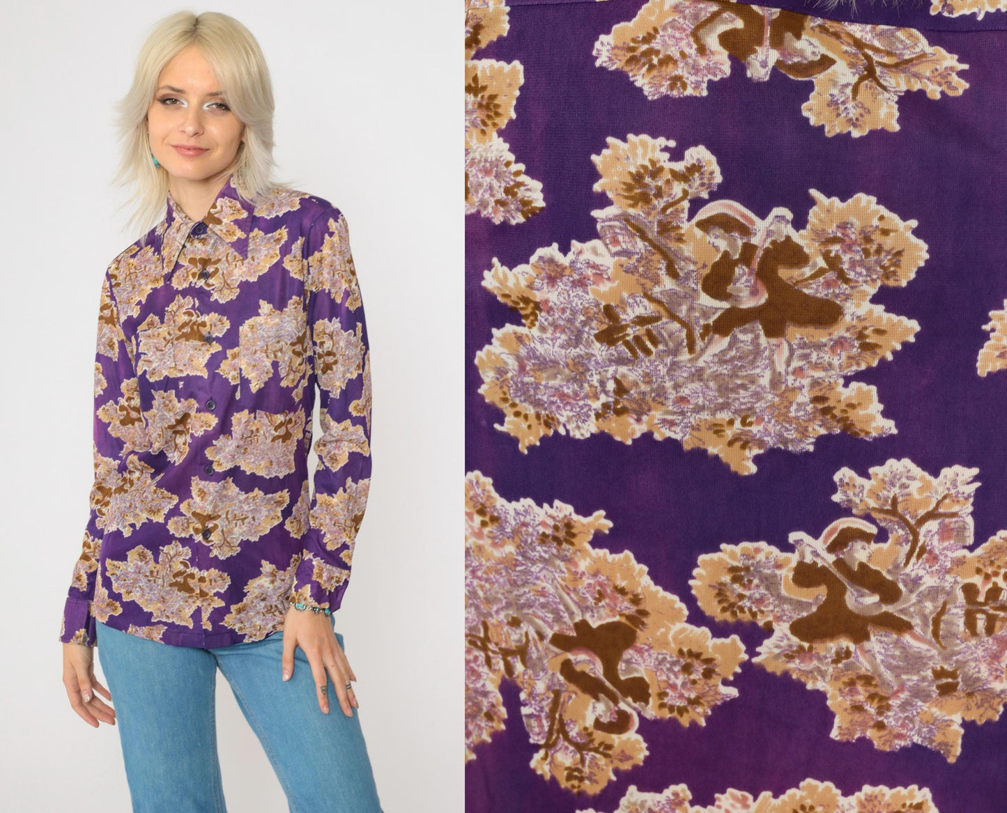 70s Purple Pastoral Lute Player Dagger Collar Shirt Long Sleeve Extra Small