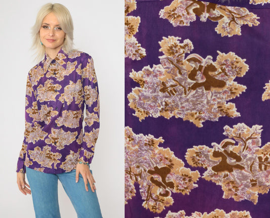70s Purple Pastoral Lute Player Dagger Collar Shirt Long Sleeve Extra Small