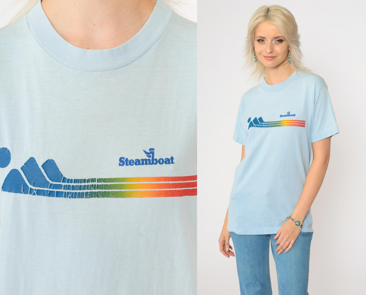 80s Steamboat Colorado Graphic T-Shirt Baby Blue Single Stitch Small