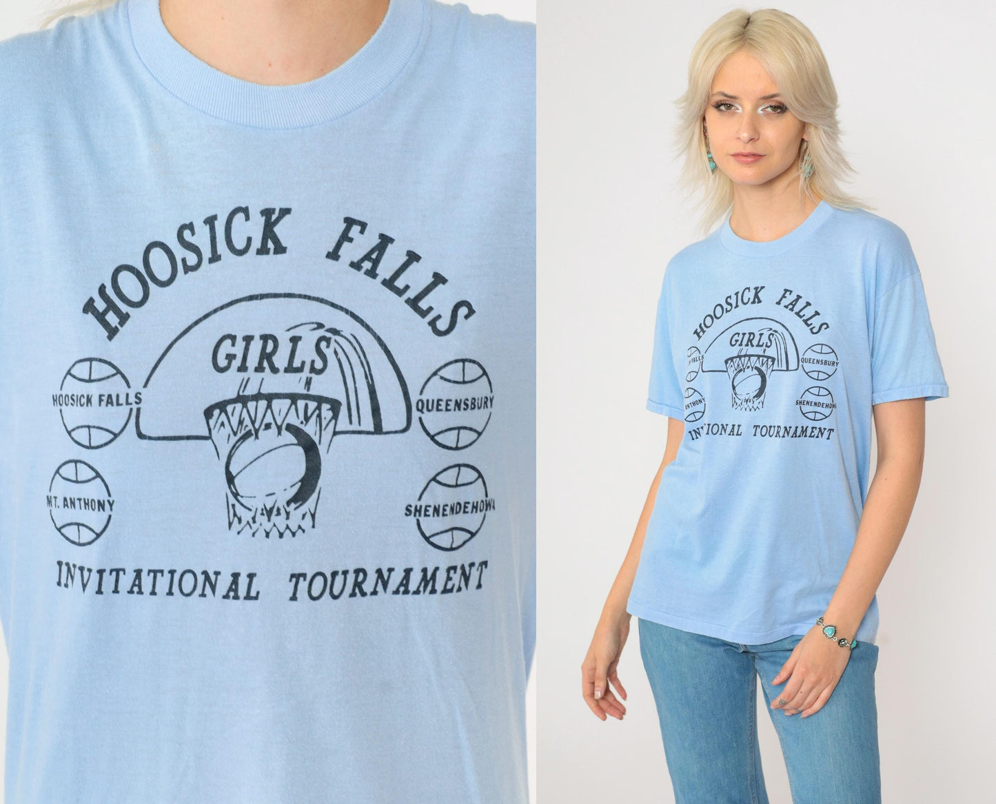 80s Hoosick Falls Girls Invitational Basketball Tournament Tee Light Blue Small