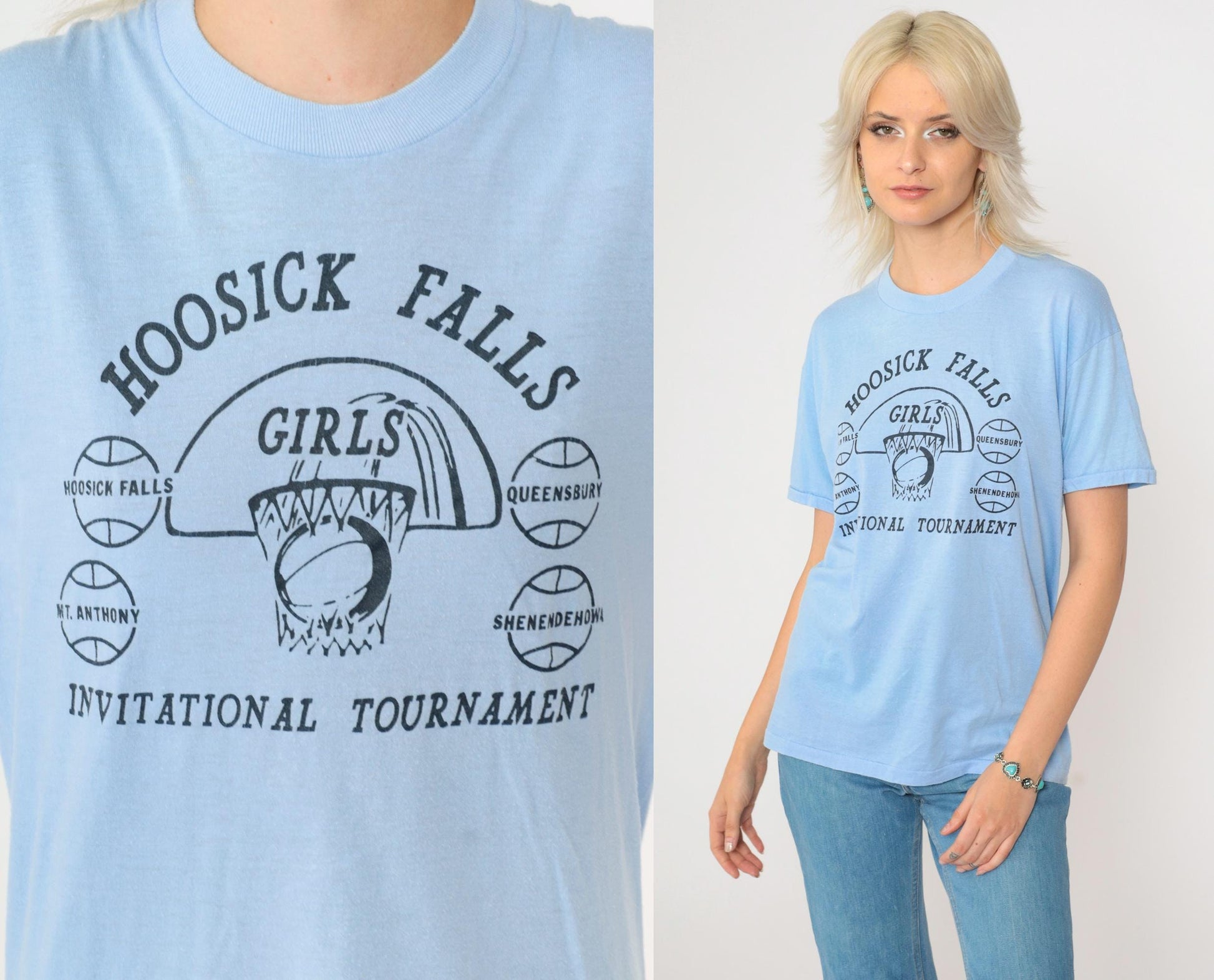 80s Hoosick Falls Girls Invitational Basketball Tournament Tee Light Blue Small