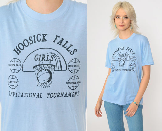 80s Hoosick Falls Girls Invitational Basketball Tournament Tee Light Blue Small