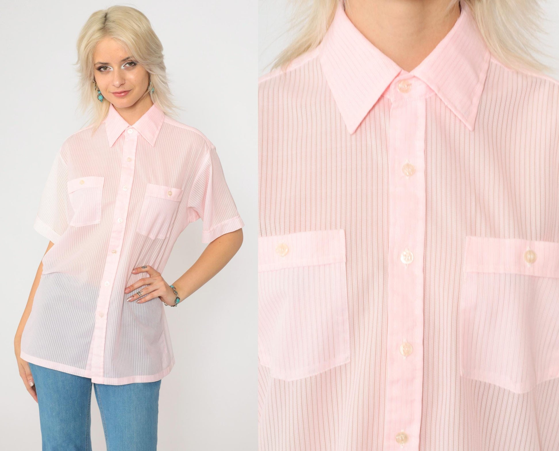 70s Sea-Aire Baby Pink Striped Button-Up Shirt Short Sleeve Men's Medium