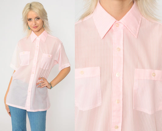 70s Sea-Aire Baby Pink Striped Button-Up Shirt Short Sleeve Men's Medium