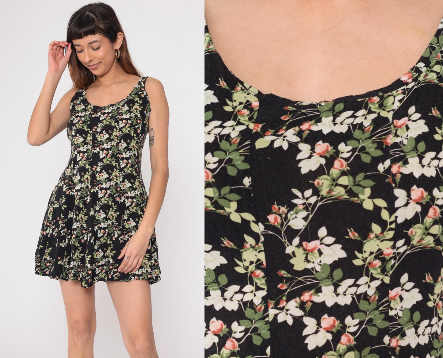 90s Black Floral Mini Dress Sleeveless A-Line Rayon Sundress Small