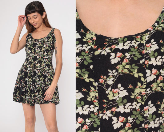 90s Black Floral Mini Dress Sleeveless A-Line Rayon Sundress Small