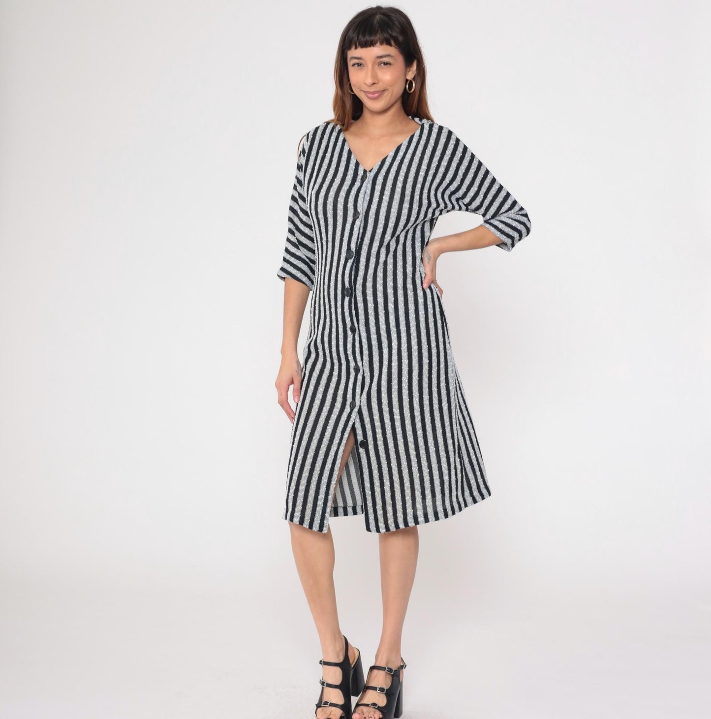 90s Black White Striped Knit Midi Shirtdress Dolman Sleeve V Neck Medium