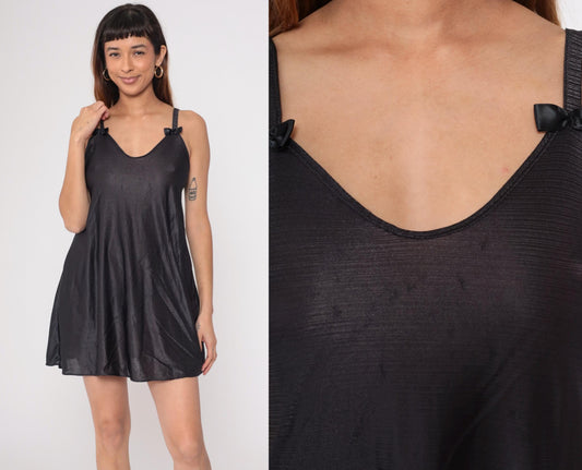 90s Black Slip Dress Spaghetti Strap Bow Mini Nightgown Small