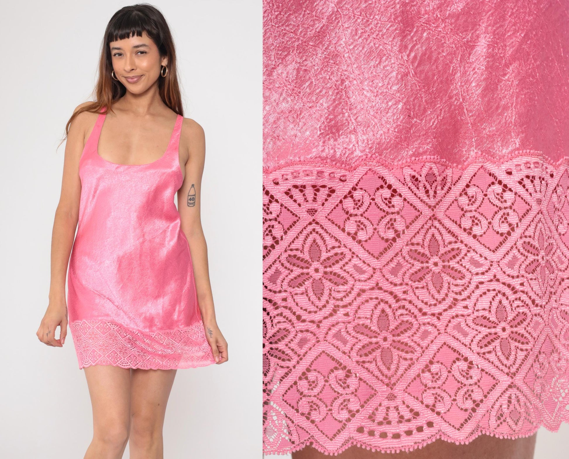 Y2K Victoria's Secret Pink Lace Slip Dress Criss-Cross Spaghetti Strap Small S
