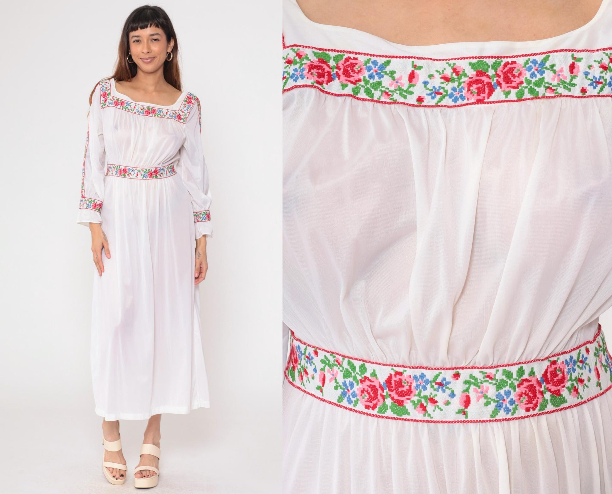 70s Sears Sheer White Floral Embroidered Maxi Nightgown High Waist Large