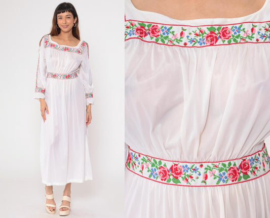 70s Sears Sheer White Floral Embroidered Maxi Nightgown High Waist Large