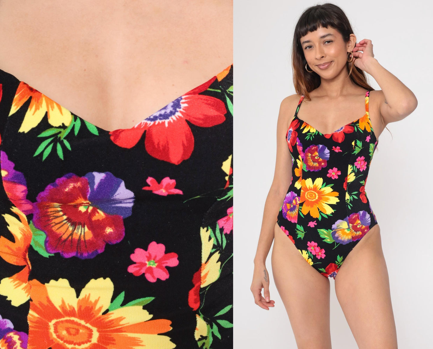 90s Floral One-Piece Swimsuit Black Scoop Back Tropical Print Small Medium