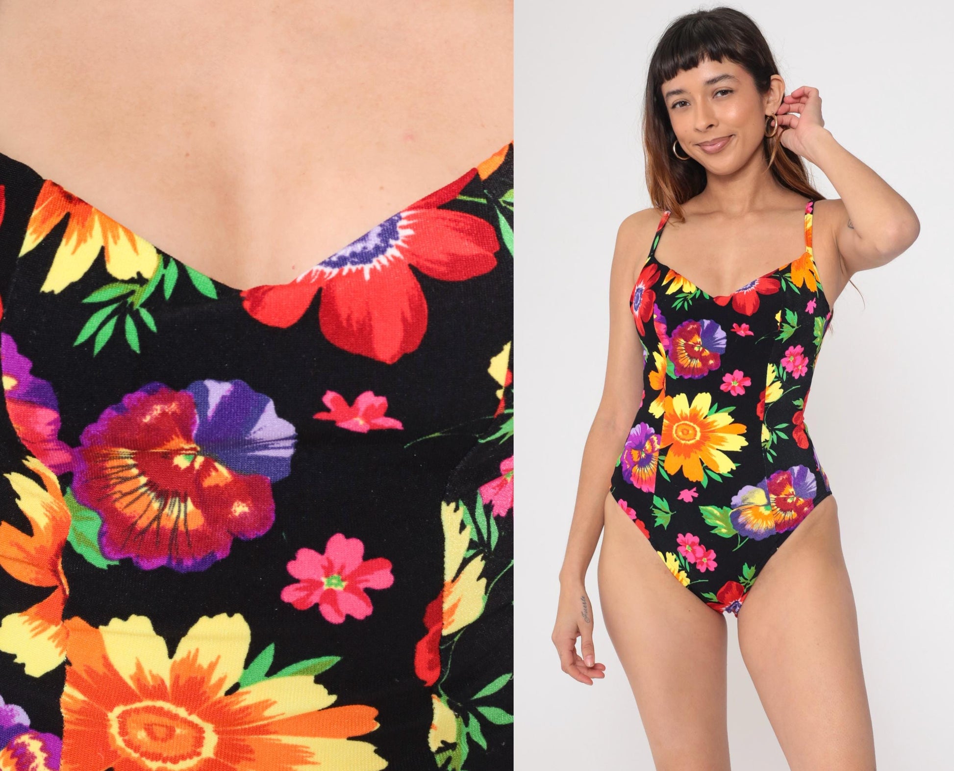 90s Floral One-Piece Swimsuit Black Scoop Back Tropical Print Small Medium