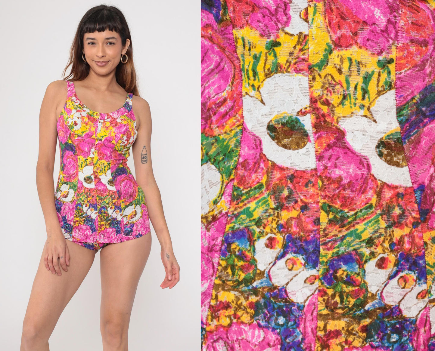 60s Rose Marie Reid One-Piece Bathing Suit Lace Floral Low Back Pink Yellow Small Medium