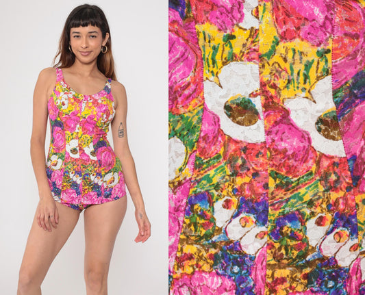 60s Rose Marie Reid One-Piece Bathing Suit Lace Floral Low Back Pink Yellow Small Medium