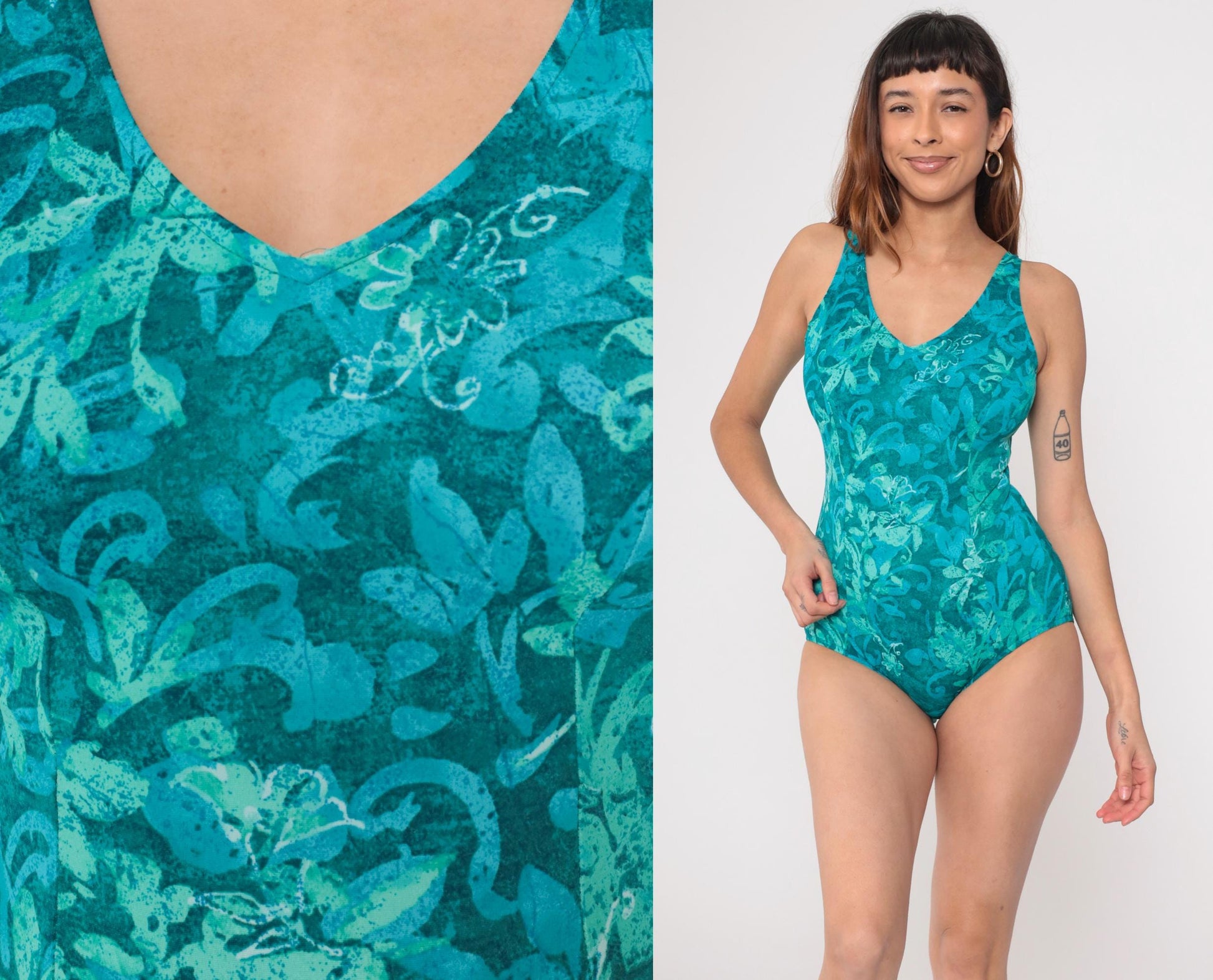 90s Jantzen Teal Floral One-Piece Swimsuit V-Neck Medium