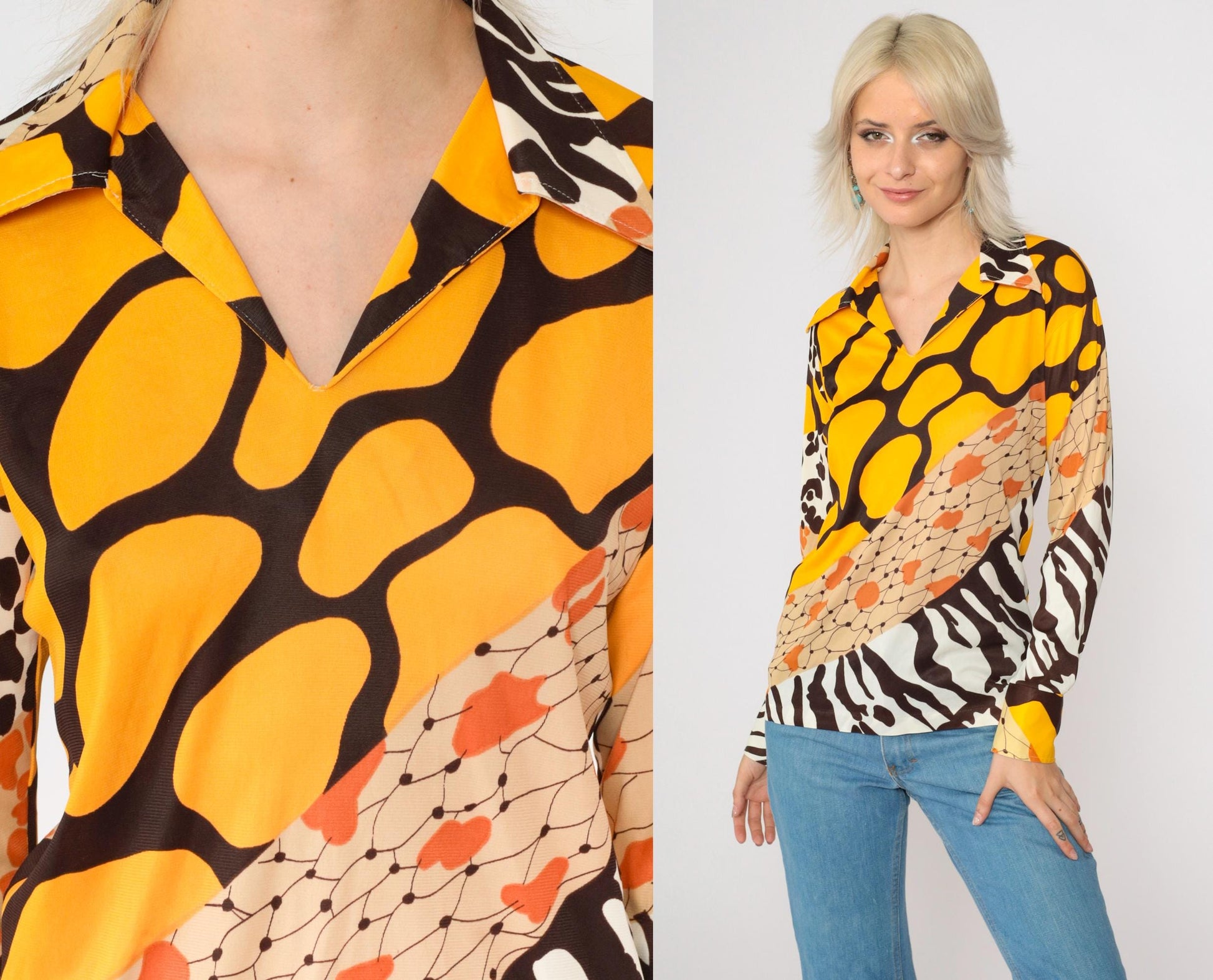 70s Mixed Animal Print Blouse Long Sleeve V-Neck Yellow Brown Small