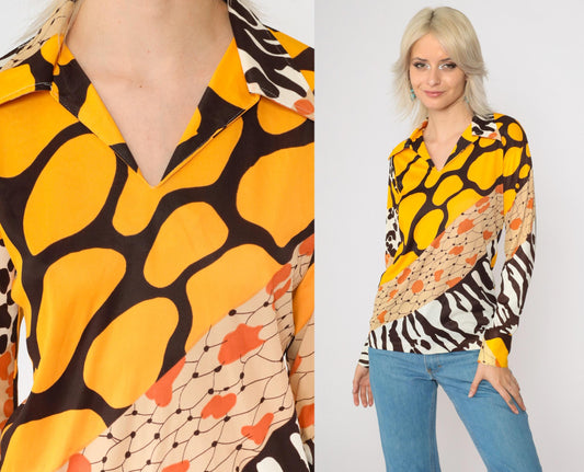 70s Mixed Animal Print Blouse Long Sleeve V-Neck Yellow Brown Small