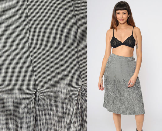 90s Anne Klein Black White Gingham Pleated Skirt High Waist Small