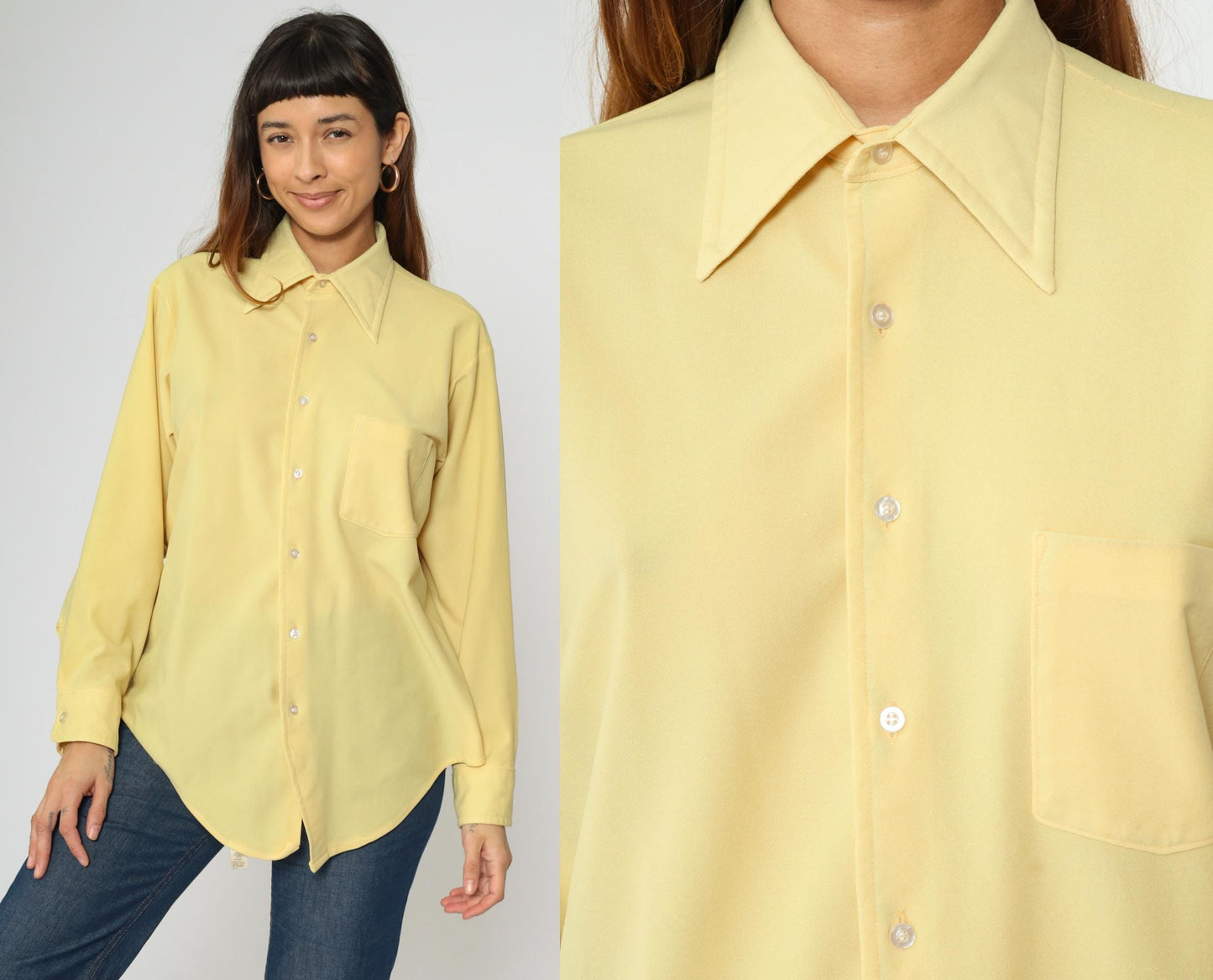70s Van Heusen Yellow Pointed Collar Button-Up Shirt Long Sleeve Large