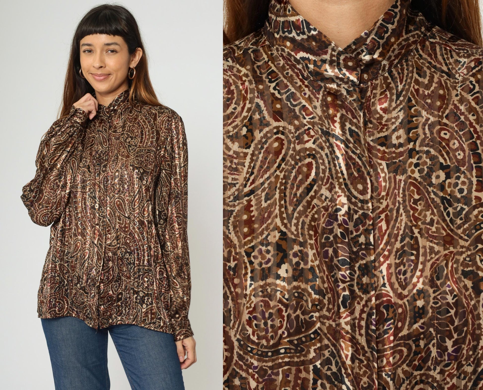 80s Yves St. Clair Paisley Puff Sleeve Blouse Metallic High Collar Large