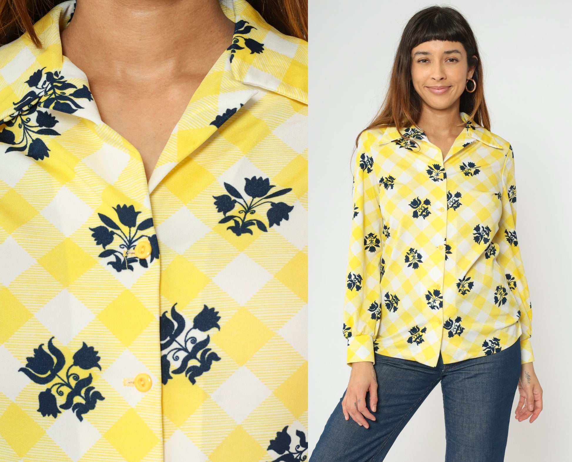 70s Checkered Floral Yellow Button-Up Blouse Long Sleeve Collared Shirt Small