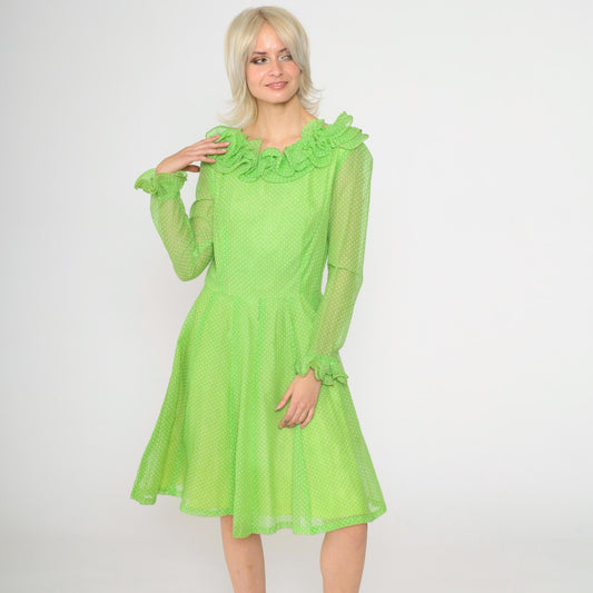 70s Coco California Polka Dot Midi Dress Green Ruffled High Waist Small