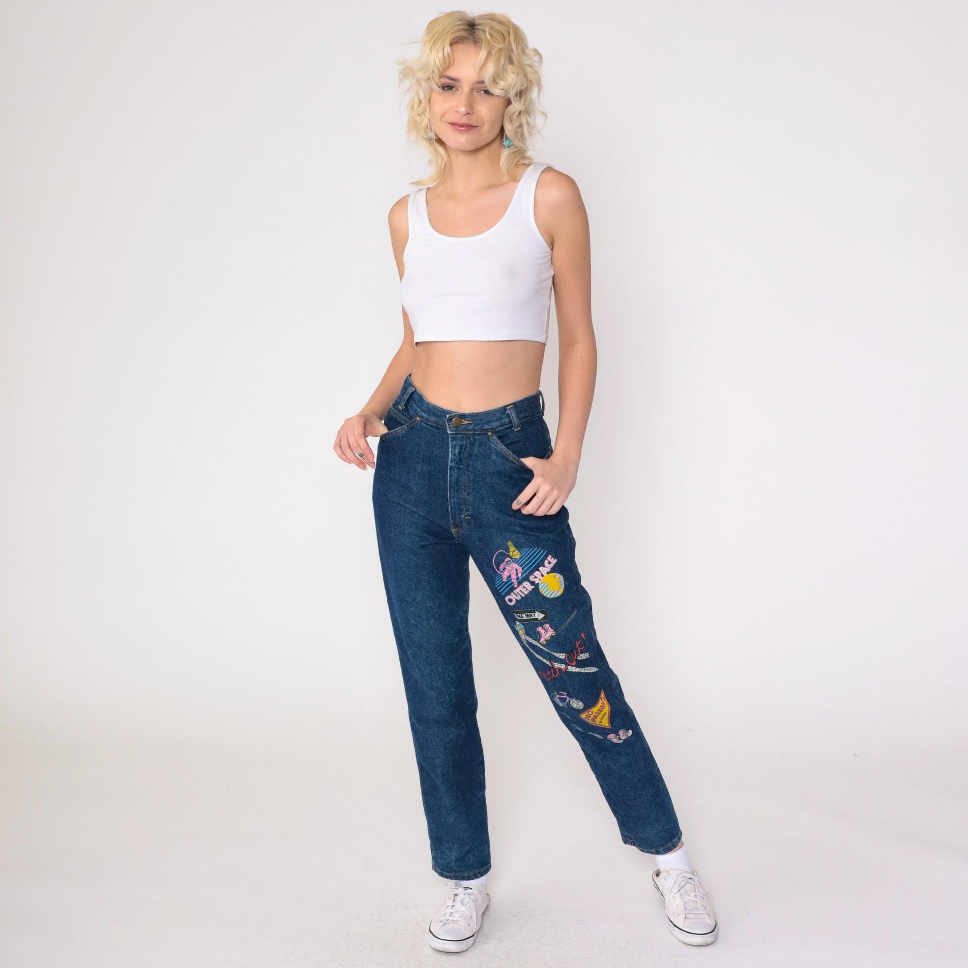 90s Astronaut Roller Skate Graphic High-Waist Jeans Dark Blue Denim Extra Small